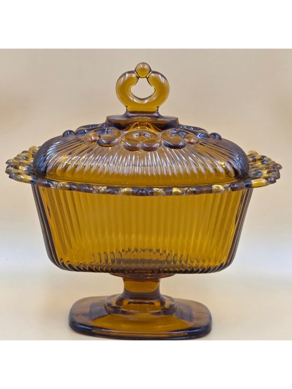 Indiana Glass Lace Edge Amber Footed Candy Box Covered Dish With Lid